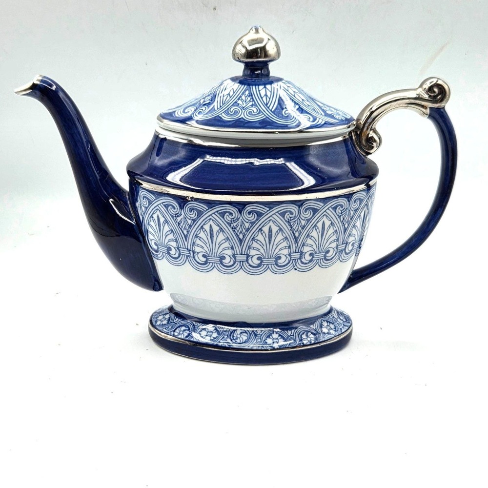 Bombay Teapot Cobalt Blue & White Porcelain Arabesque Tile Pattern Platinum Trim